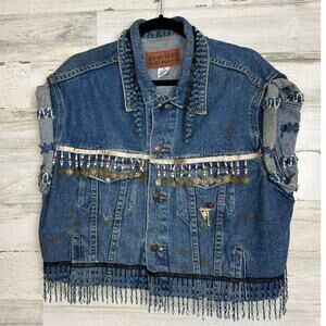 Reliq Denim Womens Medium Blue Jean Fringe Crop Vest Jacket Boho Rockstar Boho